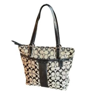 Coach Signature Gallery Tote Black White Jacquard Patent Leather Shoulder Bag